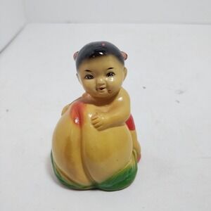 Vintage Asian Chinese Baby on Fruit Ceramic Hand-Painted Figure Pencil Sharpener